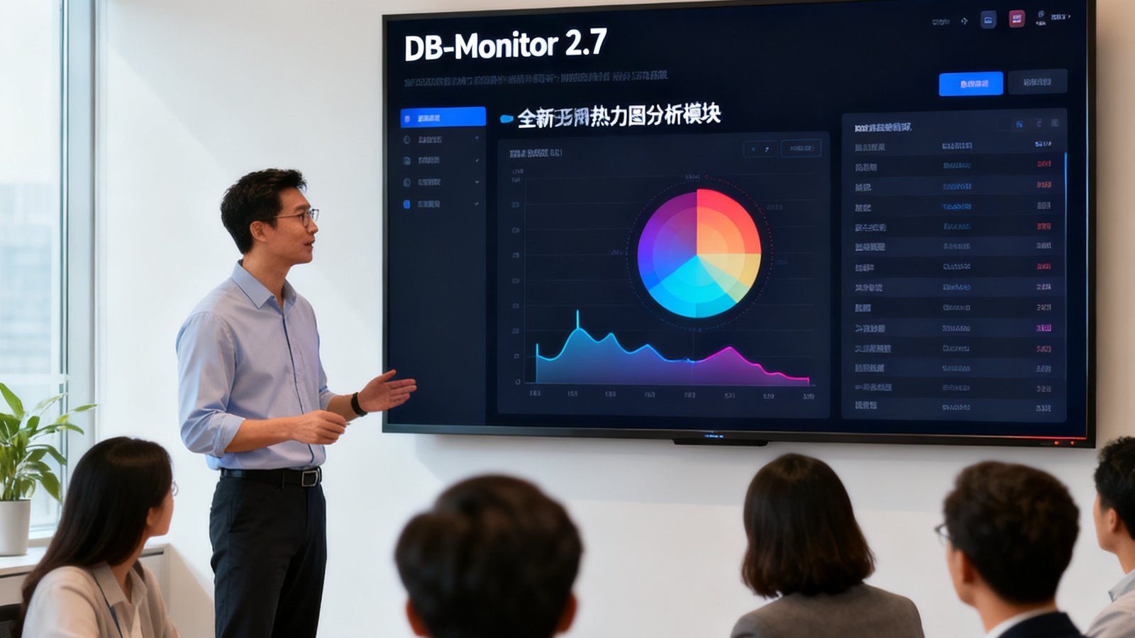 产品经理在会议室中向团队成员演示DB-Monitor 2.7版本的新功能界面，大屏幕上显示着全新的热力图分析模块