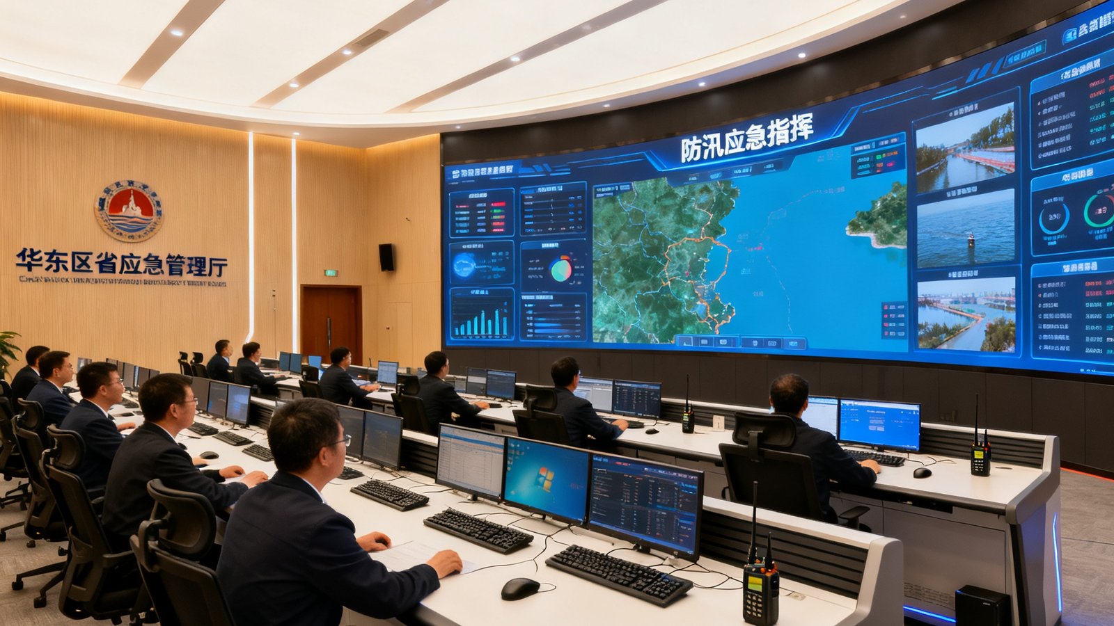 华东某省应急管理厅指挥中心实景照片，弧形LED大屏正在运行，显示防汛应急指挥界面，多排操作席上工作人员正在紧张调度